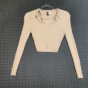 H&M‎ Light Brown Cropped Long Sleeve Polo Top Shirt Women's Size Medium